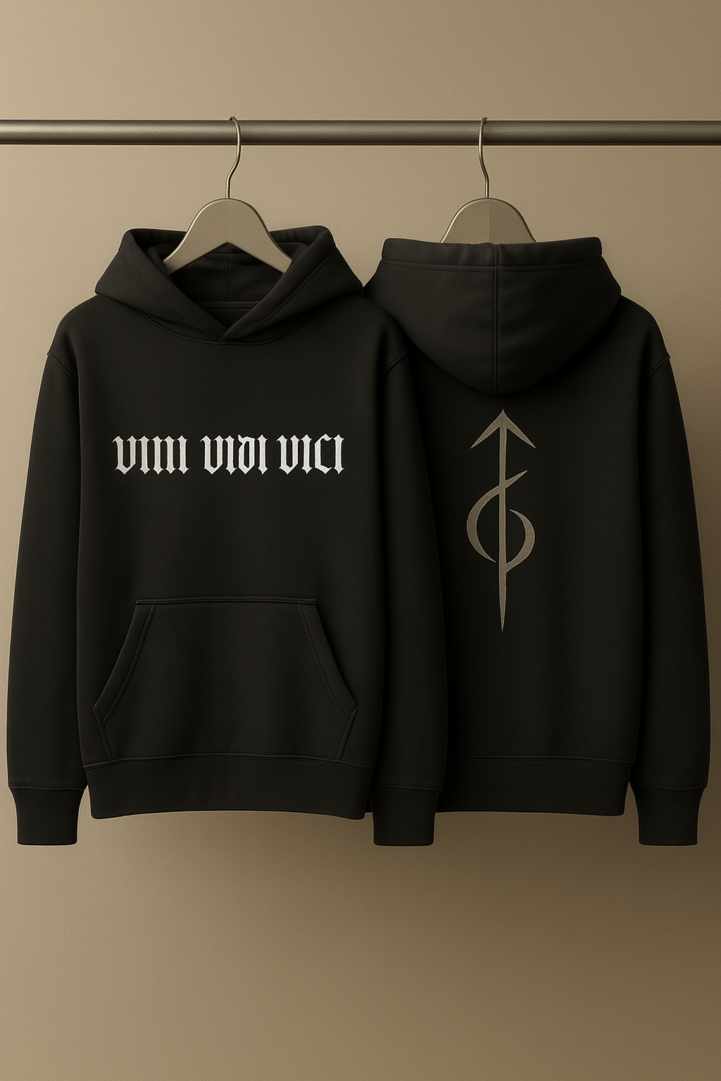 Black hoodie with text and symbol on a beige background